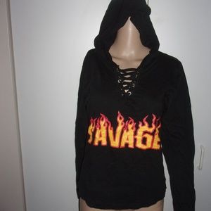 On Fire Tops - womens black hooded long sleeve savage t shirt top On Fire Tops - womens black hooded long sleeve savage t shirt top